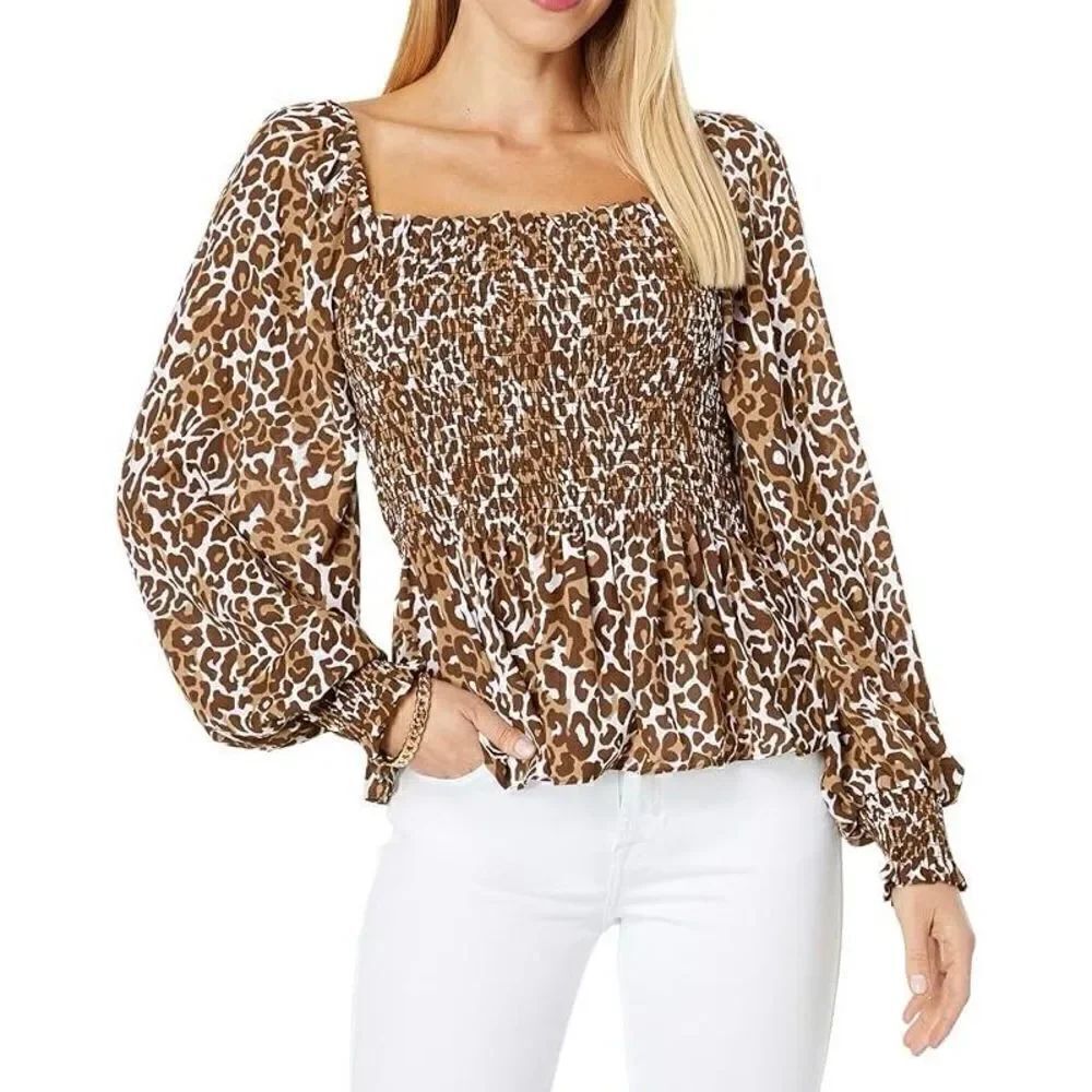 New Lilly Pulitzer Demi Long Sleeve Smocked topChocolate My Favorite Spot size L